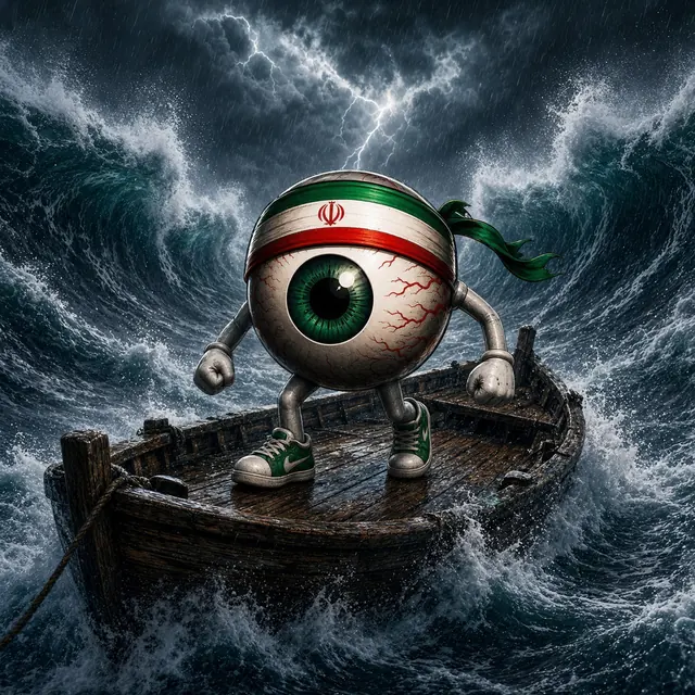 EYE RAN mascot braving a storm on a wooden boat