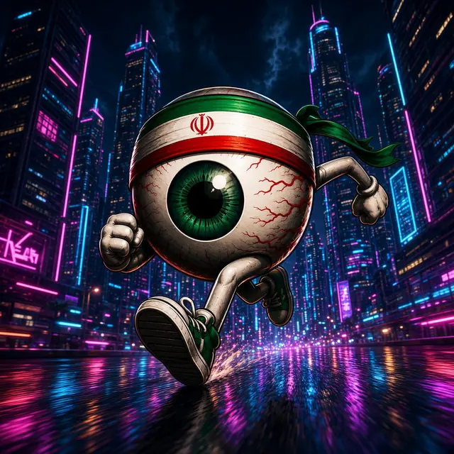 EYE RAN mascot racing through a neon-soaked downtown skyline