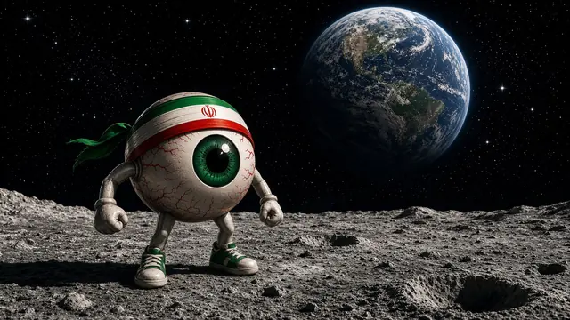 EYE RAN mascot on the moon with Earth in the background