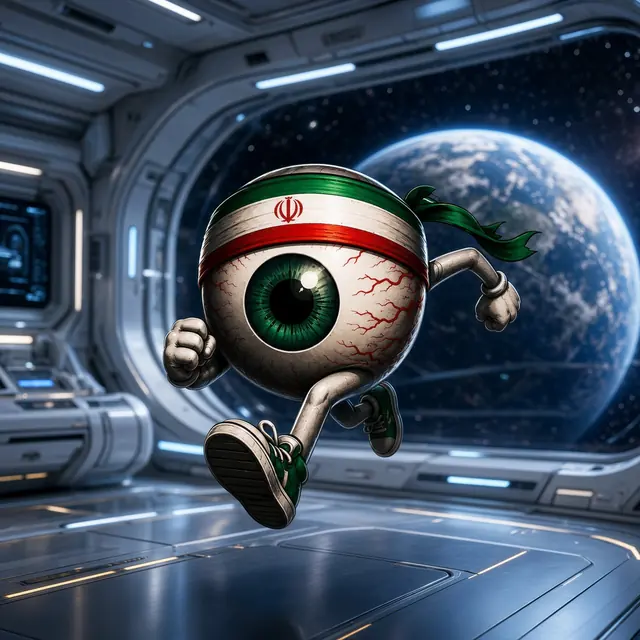 EYE RAN mascot sprinting through a futuristic space station