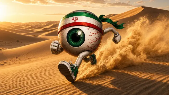 EYE RAN mascot kicking up sand across golden desert dunes