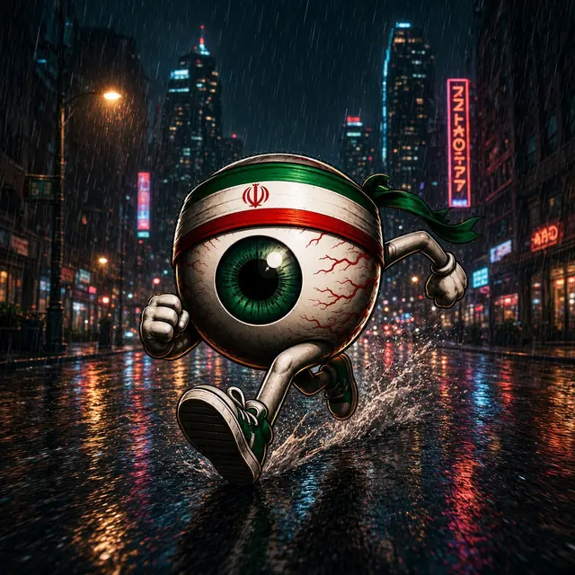 EYE RAN mascot sprinting through a rainy neon city street
