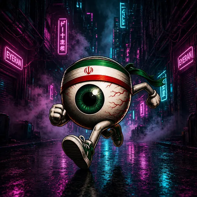 EYE RAN mascot running through a cyberpunk EYERAN neon alley