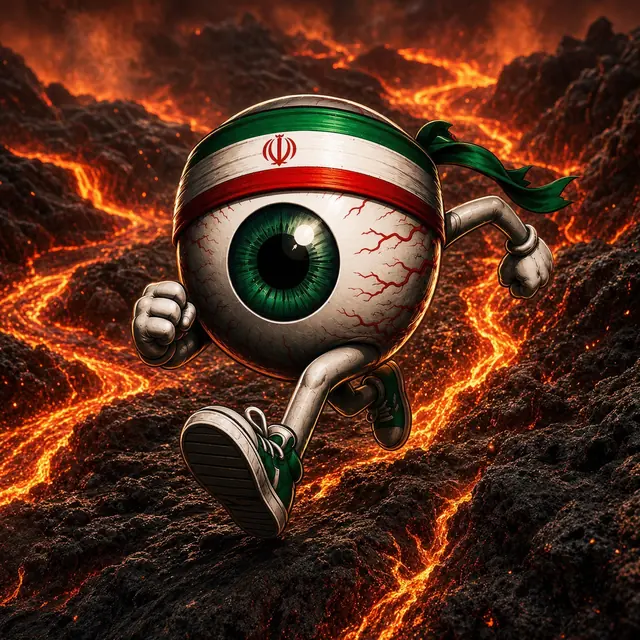 EYE RAN mascot running across a volcanic lava field