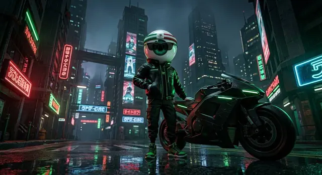 EYE RAN mascot beside a motorcycle in the neon city