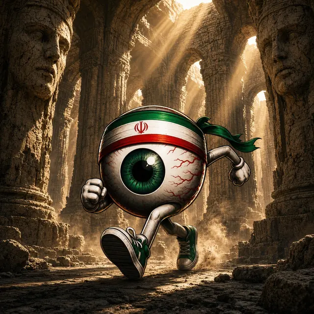 EYE RAN mascot racing through ancient stone ruins
