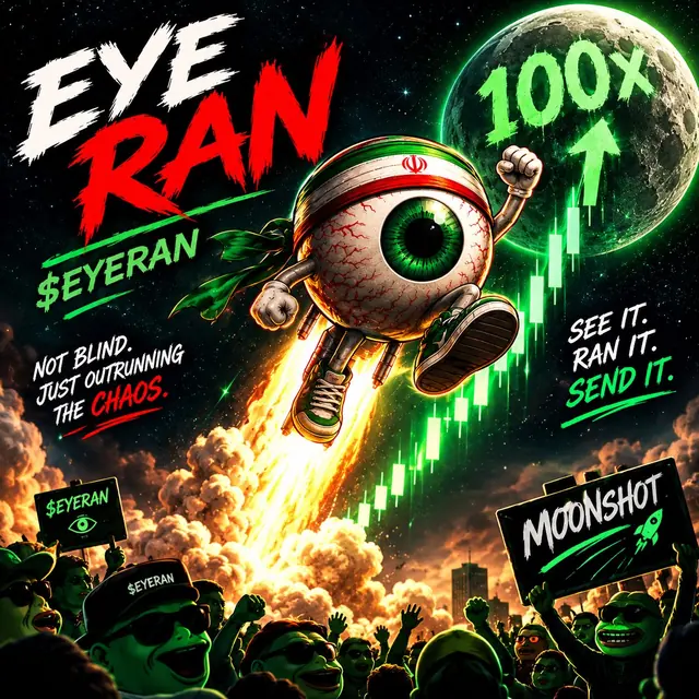 EYE RAN mascot moonshot poster with green candles and Pepe crowd