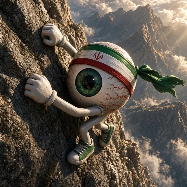 EYE RAN mascot climbing a sheer mountain cliff