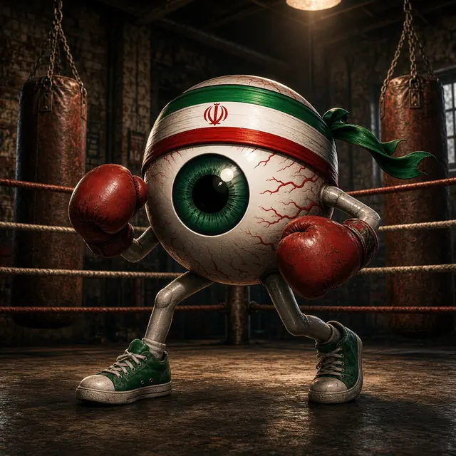 EYE RAN mascot in a boxing ring with gloves on
