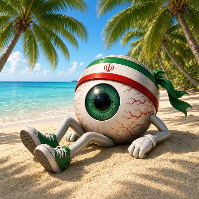 EYE RAN mascot relaxing on a tropical beach