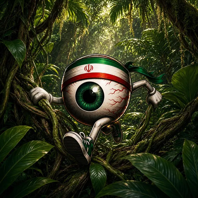 EYE RAN mascot swinging through the jungle