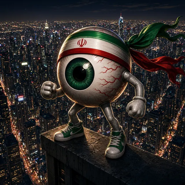 EYE RAN mascot standing over a city skyline at night